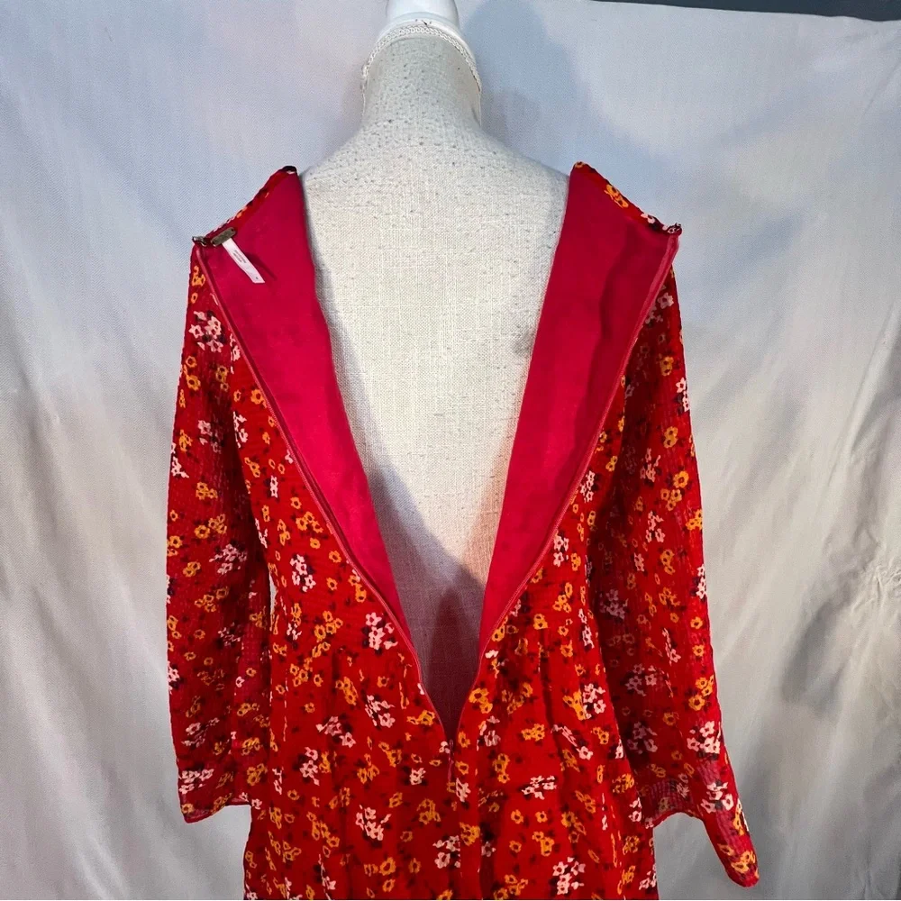 Free People Mini Dress Babydoll Red Floral Seersucker Chiffon Smocked Bodice 4 👍